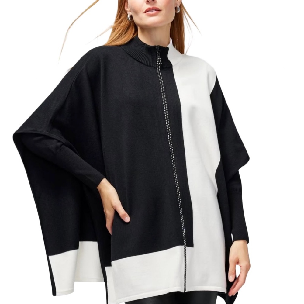 Chico's‎ Women Luxe Black White Knit Sweater Poncho Rhinestone Zipper S/M EUC